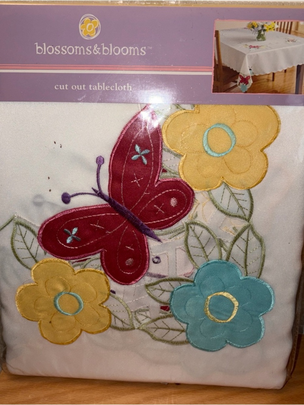 White Cut-Out Tablecloth with Floral & Butterfly Appliqué